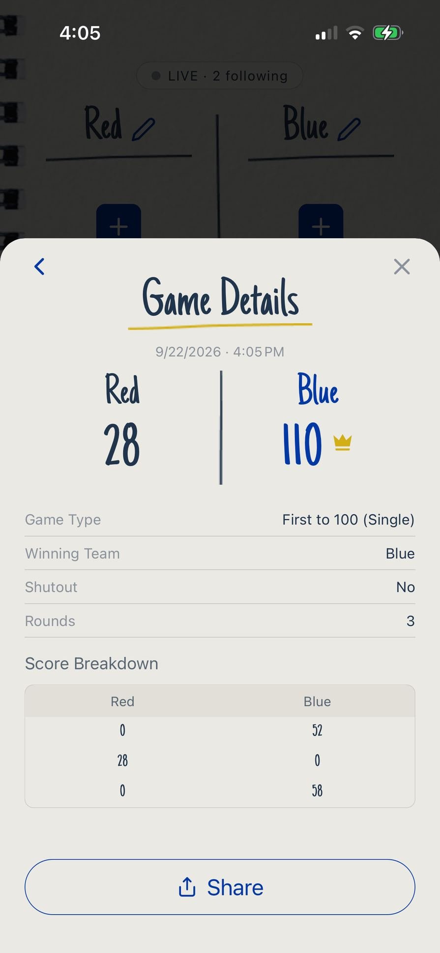Game details screen showing teams, winner, rounds, and score breakdown