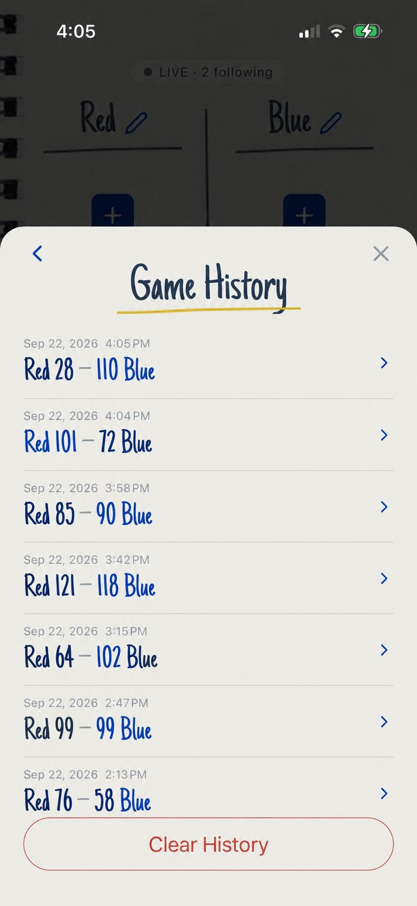 Game history screen listing saved Domino ScorePaper games