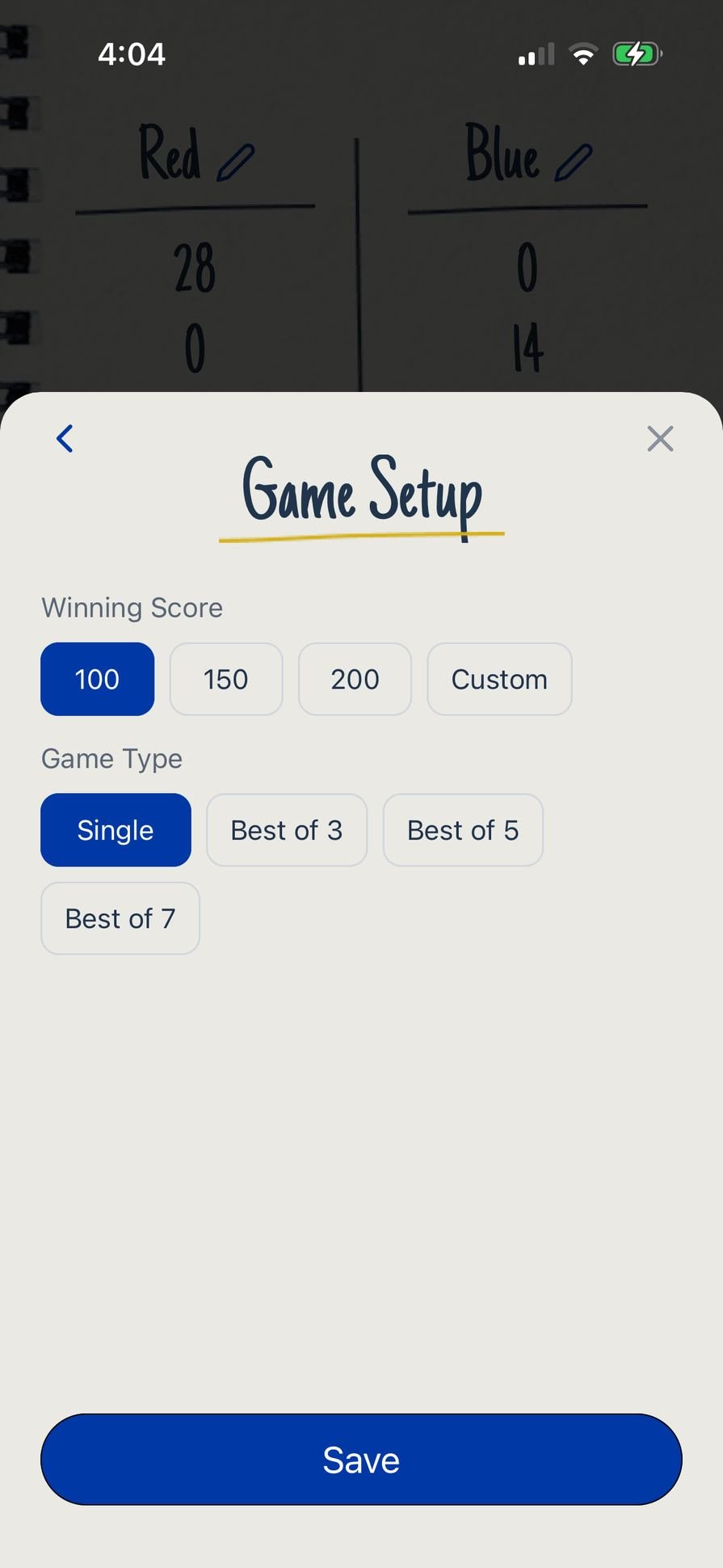 Game setup screen with winning score choices and best-of series controls