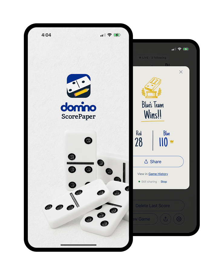 Pantalla de ganador de Domino ScorePaper mostrando al equipo Blue ganando la partida