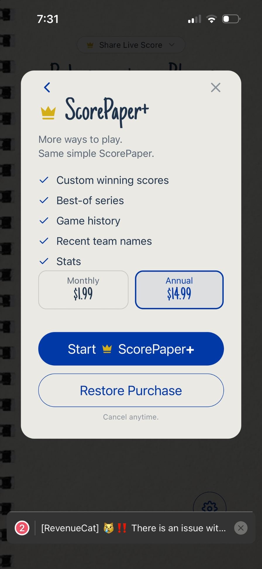 ScorePaper+ screen listing custom winning scores, best-of series, game history, recent team names, and stats