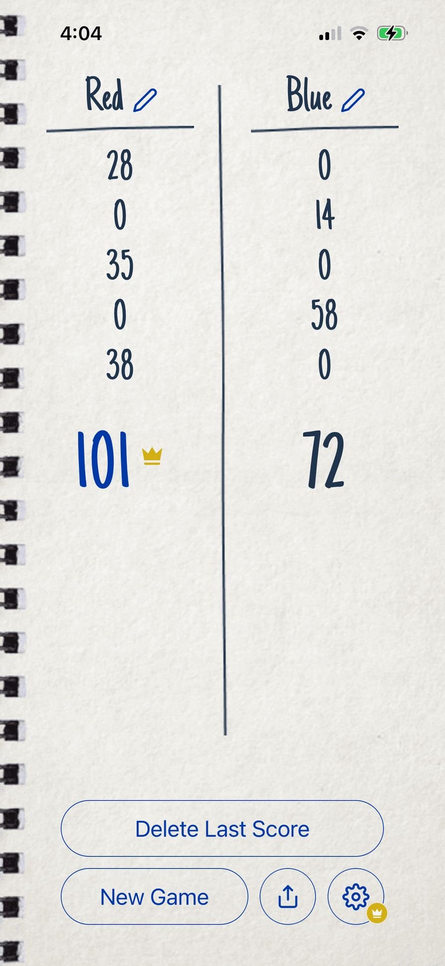 Domino ScorePaper digital score sheet with running totals and controls to delete the last score or start a new game