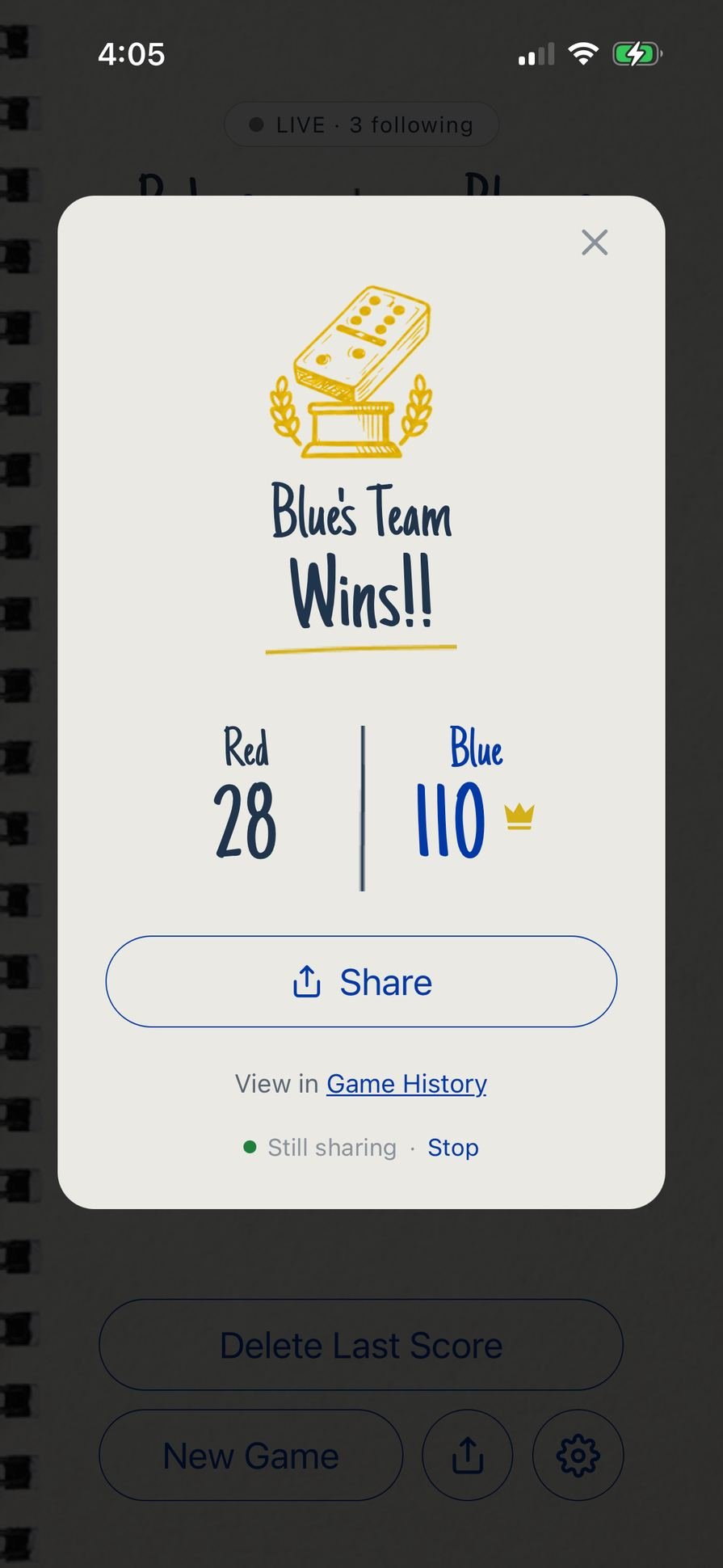 Winner screen showing the Blue team winning a Domino ScorePaper game